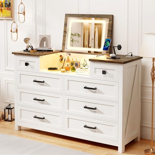 MIIFUNY Chest of Drawers for Bedroom, 8 Drawer Dresser with Mirror, Charging Station, White Dresser, Farmhouse Makeup Vanity for Bedroom, Hallway, Kids Room