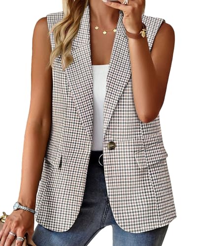 Fall Vest Blazer for Women Plaid Houndstooth Tan Oversize Tops Jacket Business Casual Womens Work Outfits Clothes Top Vests Blazers KG L