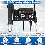 TOOLSLAND Soldering Iron Station with Solder Kit, Updated 882D 2-IN-1 SMD Hot Air Rework Station with 3 Hot Air Nozzles, 5 Soldering Tips, Solder Wick Braid, Solder Wire, Cleaner, Desoldering Pump,etc