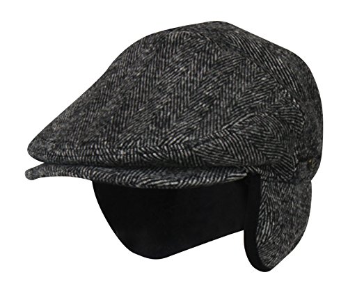 Folie Co. Men XLarge 100% Wool Herringbone Winter Ivy Cabbie Hat w/Earflaps – Driving Hat Grey