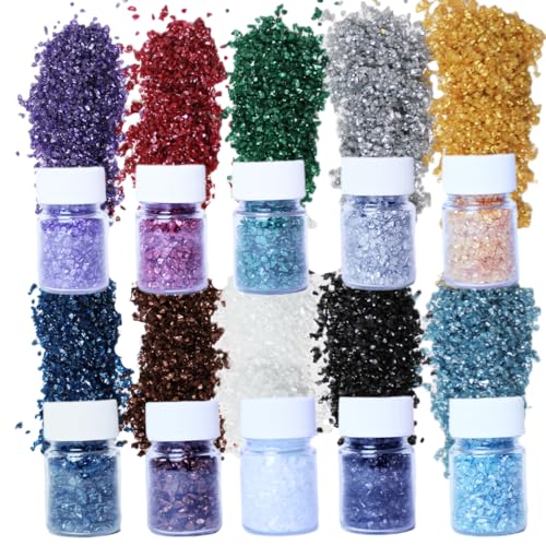10Box - 1LB Crushed Glass for Crafts Glitter Resin Art, Small Broken Glass Pieces Metallic Crystal Chips DIY Vase Filler Decoration 1-3mm (Metallic)