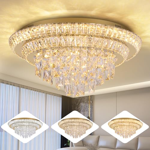 REDSTAR 24" Crystal Gold Ceiling-Light Flush Mount with Remote Control, 3 Colors Temp & Brightness Adjustable, Modern Crystal Raindrop Chandeliers for Bedroom Hallway Dinning and Living Rooms-Round