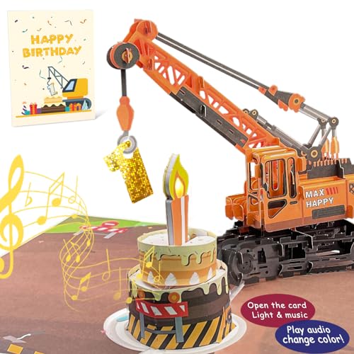 DTESL 3D Greeting Pop Up 1st Birthday Card with light and music, Crane Truck card For Boy, Nephew, Grandson, Son, Toddler, with Envelope, Message Card - Open it play: plays hit song 'Happy Birthday'