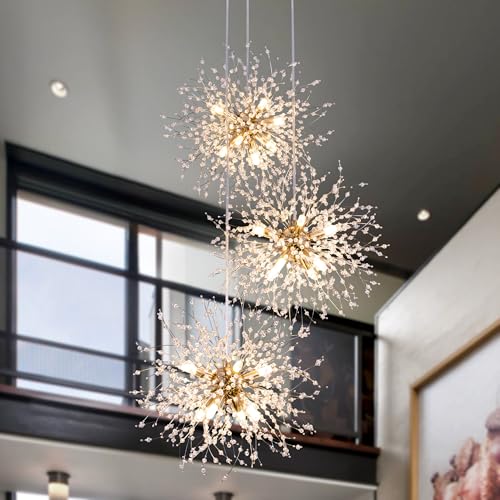Wellmet Dandelion Chandelier 3 Lights, Firework Chandelier Cluster Pendant Light, Mid Century Modern Ceiling Lighting Gold Crystal Chandelier for Staircase, Dining Room, Hallway, Entryway, Foyer