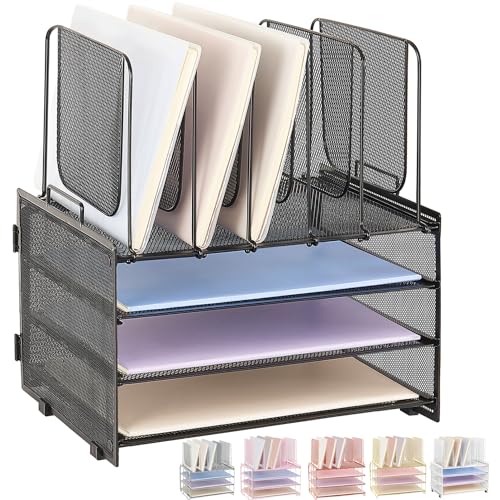 LEKETREE Desk Organizers and Accessories, 3-Tier Paper Organizer with 5 Vertical File Holders, File Folder Organizer (Black, 3T)