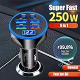 Super Fast Charge USB C Car Phone Charger Adapter 6 in 1 with Voltage Display 250W Multi Port Cigarette Lighter USB Charge for iPhone 16 15 14 13 12 11 Samsung Galaxy Huawei Oneplus Oppo Vivo