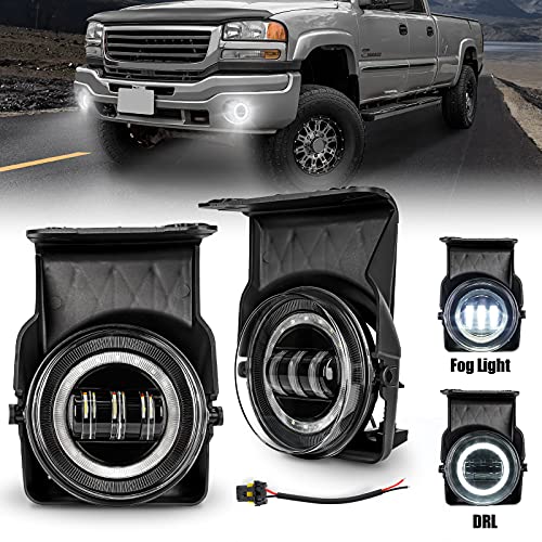 CAFOPAR LED Fog Lights with DRL Compatible with 2003-2006 GMC Sierra 1500 2500 3500 Heavy Duty Pickup Bumper Driving Fog Lamps with Halo Angel Eyes 1 Pair Sierra Fog Lights wtih Wiring Harness