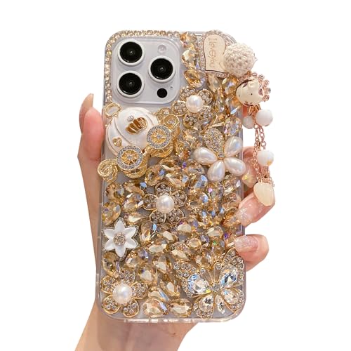 iFiLOVE for iPhone 11 Bling Diamond Case, 3D Luxury Sparkle Glitter Crystal Rhinestone Butterfly Flower Pendant Charm Case Cover for Girls Women Kids (Champagne)