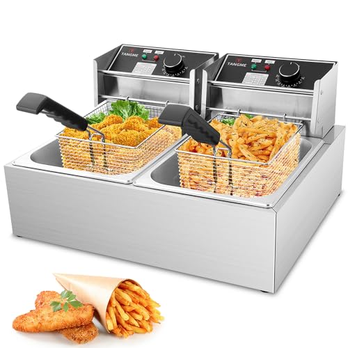 Commercial Deep Fryer, 3400W Electric Deep Fryers with 2x6.35QT Baskets 0.8mm Thickened Stainless Steel Countertop Oil Fryer 20.7QT Large Capacity with Temperature Limiter (12L)