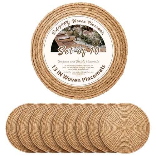 13 in Round Woven Placemats Plate Chargers Set of 10, Boho Farmhouse Rustic Woven Place Mats for Dining Table Decor, Rattan Wicker Table Mats Jute Braided Chargers for Dinner Plates