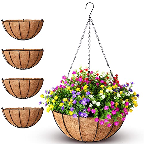 Roowest 4 PCS 16 Inch Metal Hanging Planter Basket Flower Holder Hanging Pots with Coconut Fiber Coir Liners Wire Chain Round Planter Plant Hanger for Indoor Patio Garden Home Balcony Decor