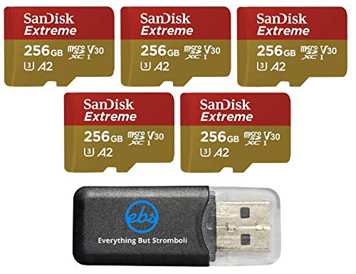 SanDisk Extreme V30 A2 256GB Micro SD Card (Five Pack) for DJI Air 2S Drone (SDSQXA1-256G-GN6MN) Class 10 160MB/s Read Speed SDXC Bundle with (1) Everything But Stromboli MicroSDXC Memory Card Reader