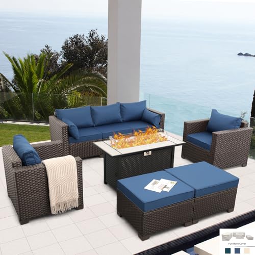 6-Piece Patio Furniture Set Outdoor Furniture Set with 45'' Propane Gas Fire Pit Table Outdoor Conversation Set Wicker Sofa Set Non-Slip Cushions Waterproof Covers, Navy Blue