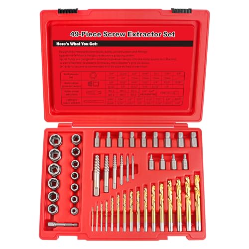 49PCS Screw Extractor Set, 37# Cr-Mo & 6542# Left Hand Reverse Drill Bit, Easy Out Lug Nut Removal Socket Tool, Ez Out Stripped Bolt Extractor Kit for Speed Out Remover Broken, Damaged, Rounded Screw