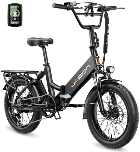 Jasion EB7 ST Adult Electric Bicycles, 28MPH Folding Electric Bike with 1200W Peak Motor, 55Miles Commute Ebikes for Adults 480WH Battery, Shock Absorber, Disc Brake, 20" *3.0 Tires for Beach Snow