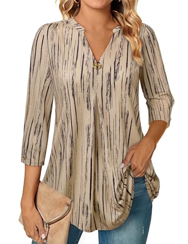 VALOLIA Tummy Flattering 3/4 Sleeve Summer Tunics & Tops for Women - Loose Fit, Beige Stripe, X-Large