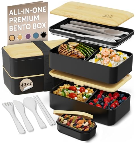 Umami Bento Box Adult All-In-1 w/4 Utensils, Big Sauce Jars, 2 Dividers, 100% Leakproof, Microwave & Dishwasher Safe, Stackable Bento Lunch Box Containers for Men/Women, Black & Bamboo, 40 oz