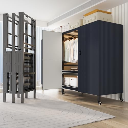 Foldable Portable Closet Wardrobe on Wheel Heavy-Duty Clothe Rack with Cover Freestanding Metal Clothing Rack Armoire Storage System Rolling Garment Racks for Hanging Clothes (B-150cm/59in(doors))