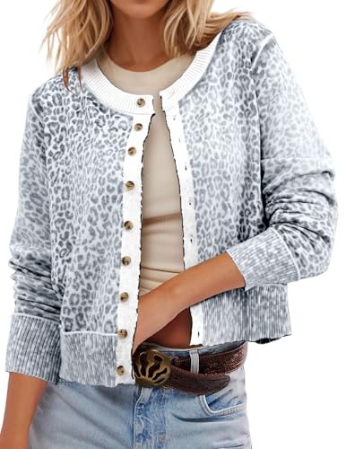 Ziesexy Leopard Cardigan Open Front Button Up Sweaters for Women Long Sleeve Shrug Cheetah Print Top Cropped Cardigan Jackets