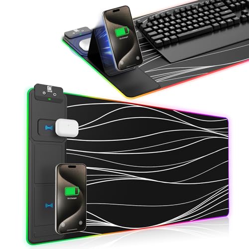 XXL Mouse Pad with Phone Holder, RGB Desk Mat with 15W Fast Charging, LED Large Gaming Mouse Pad with 11 Lights Colors, Long Mouse Pads, Waterproof Non-Slip Desk Pad for Gamer Esports Pros