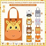 Photect 32 Pcs Safari Party Favor Bags Non Woven Jungle Animal Goodie Treat Bags with Handles Lion Tiger Elephant Monkey Giraffe Gift Pack for Kids Safari Themed Party Birthday Baby Shower Supplies