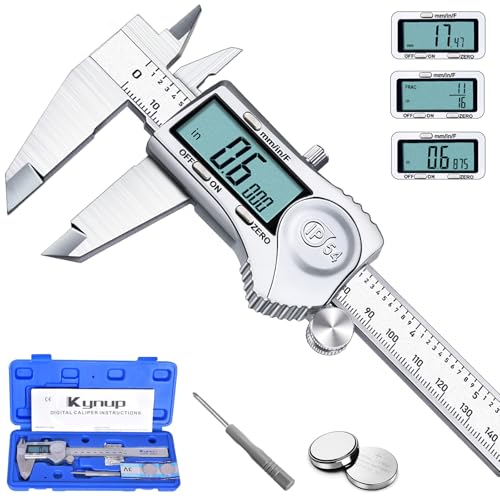 Kynup Digital Caliper, Calipers 6 Inch Measuring Tool with Stainless Steel, IP54 Splash Proof Protection Design, Easy Switch from Inch Metric Fraction, Large LCD Screen (150mm)