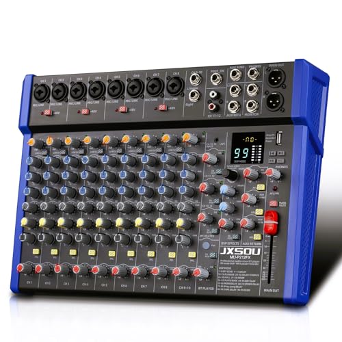 JXSOU 14-Channel Audio Sound Mixer Board, Bluetooth Studio Mixing Console XLR Microphone Jack 99 DSP DJ Mixer Audio Reverb Effect +48V Phantom Mixer For Karaoke Studio Streaming Recording