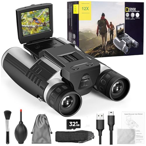 Binoculars Camera for Adults, 2.4" Screen 12X Digital Zoom 48MP Pictures 2.5K Videos Camera, Binoculars for Bird Watching Hunting Outdoor Adventures 32GB