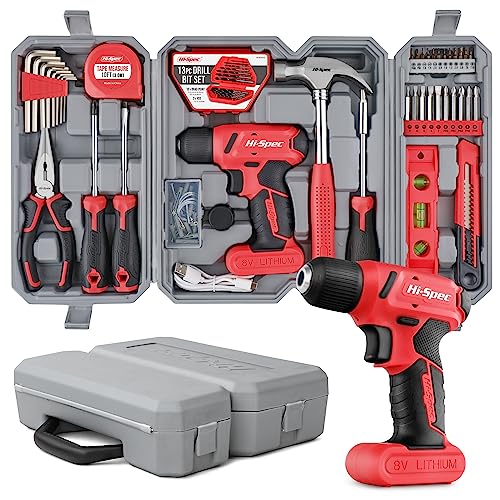 Hi-Spec 58pc Red 8V USB Electric Power Cordless Drill Driver and Home DIY Tool Kit Set. Screw Driver and Drill Bit Set Accessories, Pliers and Hammer In a Toolbox Case