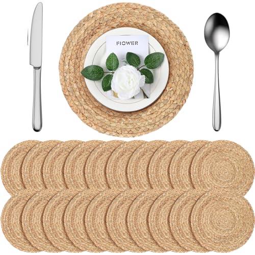 FoldTier 20 Pcs Round Placemats Bulk Plate Chargers Set 11.8 Inch Woven Placemat Rustic Braided Straw Rattan Charger Natural Water Hyacinth Place Mat for Wedding Party Table Single Tableware Use