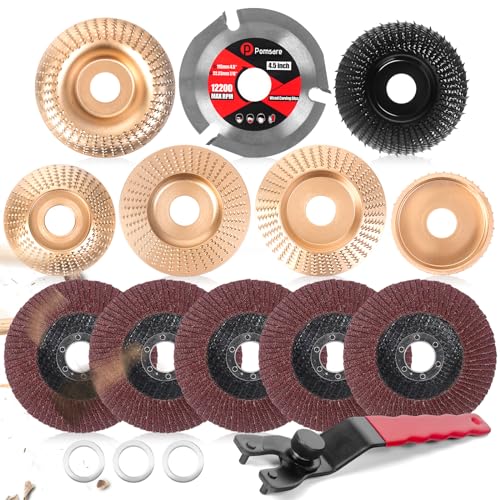 Pomsare 13PCS Wood Carving Disc Set for 4 1/2 Angle Grinder Attachments, Stump Ginder Blades Wheel for Wood, Flap Disc for Woodworking Cutting, Grinding, Shaping and Sanding