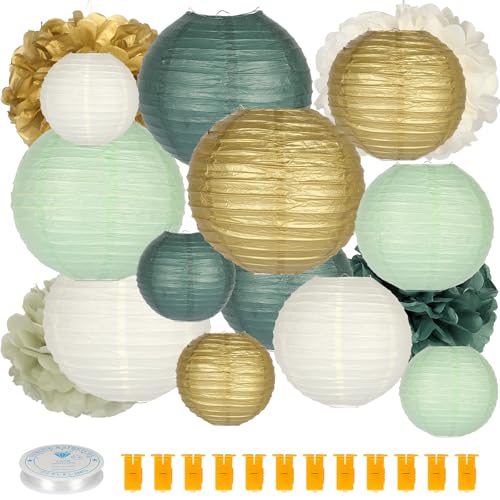 Bluaqua Paper Lanterns Party Decorations: Paper Lantern for Rustic Party Bridal Shower Wedding Sage Green Birthday Party Home Decor - 16pcs with12 LED Lights