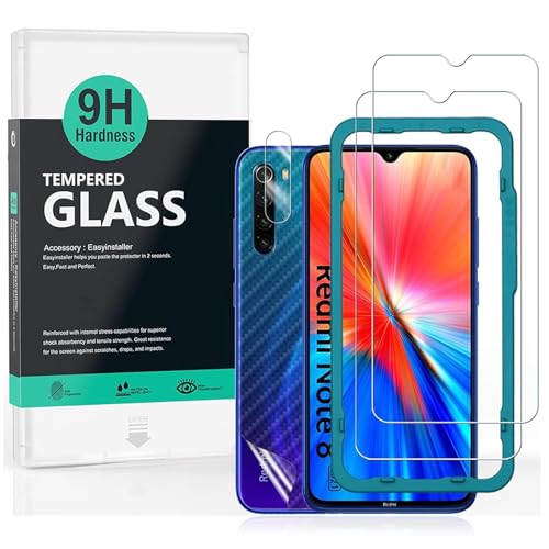Ibywind Screen Protector For Redmi Note 8,with 2Pcs Tempered Glass,1Pc Camera Lens Protector,1Pc Backing Carbon Fiber Film [Fingerprint Reader,Easy to install]