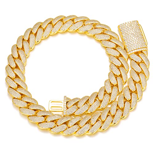 OLVLUS 20mm Iced Out Cuban Link Chain 18K White Gold Plated 4-Row dense 5A+ Cubic Zirconia Bling Diamond Necklace Hip Hop Rapper Luxury Jewelry Thick Heavy Cuban Link Chain for Men (22 Inches, Gold)