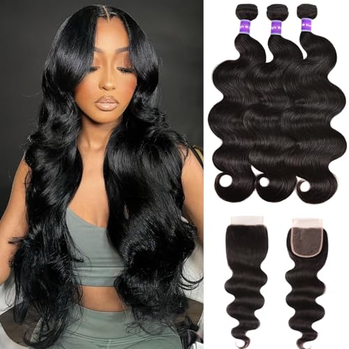 Body Wave Bundles with Closure for Black Women(24 26 28+20)100% Unprocessed Brazilian Body Wave Virgin Human Hair 3 Bundles with Closure Free Part Human Hair Extension Natural Color