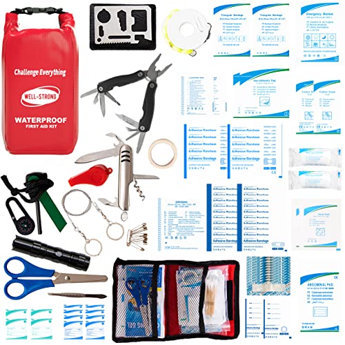 WELL-STRONG Boat First Aid Kit with Survival Tools, 123pcs Waterproof Emergency Marine Kit with Buckles, Compact Boat Safety Accessories for Fishing Kayaking Boating Camping Rafting Beach Red