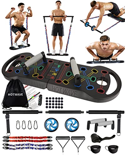 HOTWAVE Ultimate Portable Home Gym with 16 Fitness Accessories,Push Up Board with Resistance Bands,Ab Roller Wheel,Home Workout Equipment for Men and Women