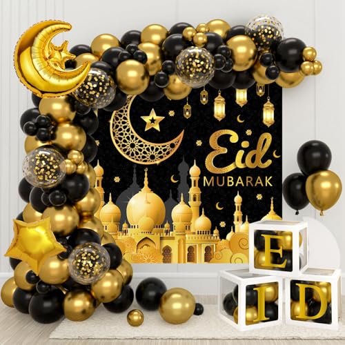 2025 Ramadan Decorations for Home - Black Gold Eid Mubarak Balloon arch kit with Backdrop, Boxes, Moon Star Foil Balloon Sign, Wall Decor for Family, Festival, Party Supplies 100Pcs