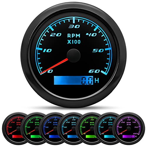 MAIMEIMI Tachometer Gauge 7 Color 0-6000 RPM Tacho Meter 85mm 3 3/8" for Auto Boat Marine Vehicle for 1-10 Cylinder Diesel and Gasoline Engine（Black）