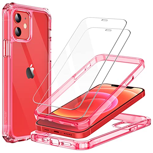 JETech Case for iPhone 12/12 Pro 6.1-Inch with 2-Pack Tempered Glass Screen Protector, 360 Full Body Shockproof Bumper Phone Cover Protective Clear Back (Red)