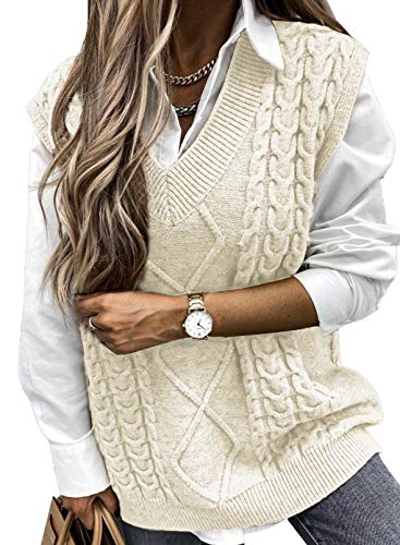 EVALESS Womens Oversized Sweater Vest V Neck Sleeveless Sweaters for Women Cable Knit Pullover Sweater Solid Color Tops Loose Casual Soft Beige X-Large