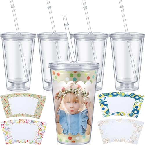 Maxcheck 4 Pcs Customizable Acrylic Double Wall Tumblers 16 oz Personalized Photo Clear Reusable Cups with Straw and Lid with 4 Cardboard Paper Insert Customized Cup Gift for Thanksgiving Drinking