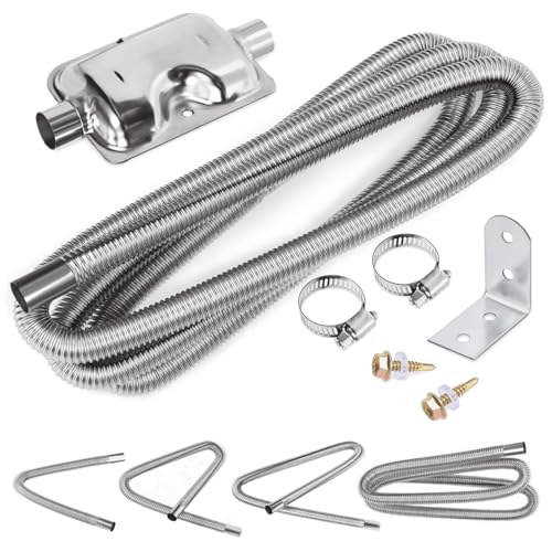 Swpeet 8Pcs 1" x 118" - 25mm x 300cm Stainless Steel Diesel Heater Exhaust Pipe and Exhaust Silencer Muffler with 18mm-29mm Hose Clamps Kit, Fuel Tank Diesel Gas Vent Hose Exhaust Tubing for Car