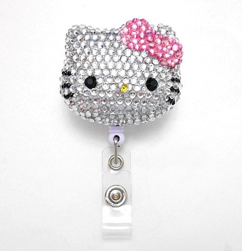 LOVEKITTY - 3D Cutie Blinged Out Pink Bow Kitty Inspired Rhinestone Badge Reel/Name Badges/ID Badge Holder