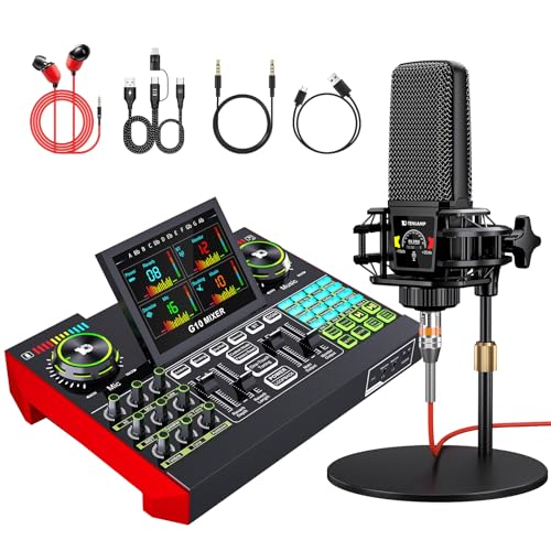 Podcast Equipment Bundle,with 3.5mm Condenser Microphone & Live Sound Card - Audio Mixer for Streaming, PC/Mobile Live Singing, Gaming Content Creators, Soundboard with USB Computer Interface