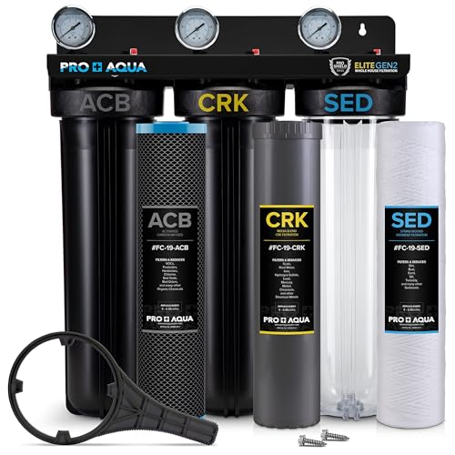 PRO+AQUA Elite Series GEN2 PRO-100-E 3-Stage Whole House Water Filtration System for City & Well Water with Pressure Gauges | Reduces Contaminants, Sediment, Chemicals, Heavy Metals, with 1” Ports