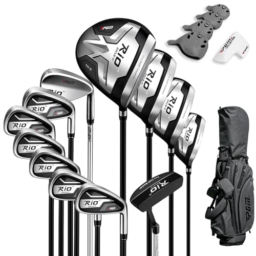 PGM Men's Complete Golf Club Sets - 12 Pieces - 3 Wood (#1,3,5), 1 Hybrid (#4H), 6 Irons(#5,6,7,8,9,PW), 1 Sand Wedge (52°), 1 Putter - Golf Stand Bag - Titanium Club Head, Graptlite Shaft