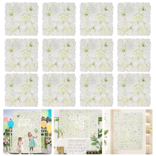 MoKoHouse White Flower Wall Backdrop Wedding: 12 Packs 15x15 Inches 3D Floral Rose Wall Panels - Party Event Background Bridal Shower Decorations