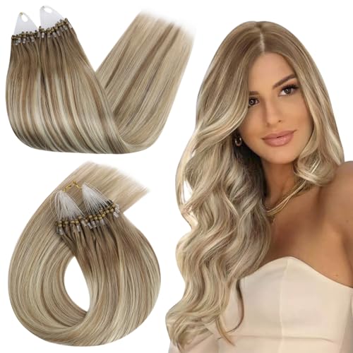 Ugeat Micro Loop Hair Extensions Human Hair Ombre Ash Brown to Platinum Blonde Micro Ring Hair Extensions Cold Fusion Microlink Hair Extensions Human Hair 50s 18 inch