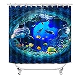 Fashion_Man 4PCS Sea World Dolphin Shower Curtain Set Bathroom Shower Curtain Non-Slip Bath Mat Toilet Lid Cover Polyester Waterproof Bath Curtain and Rug Set, with 12 Hooks, 72"x72", Dolphin (4pcs)